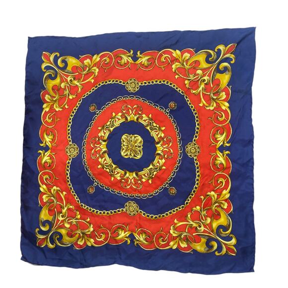 Codello Chain Printed Red Blue Gold Square Rolled Hem Scarf - Picture 2 of 7